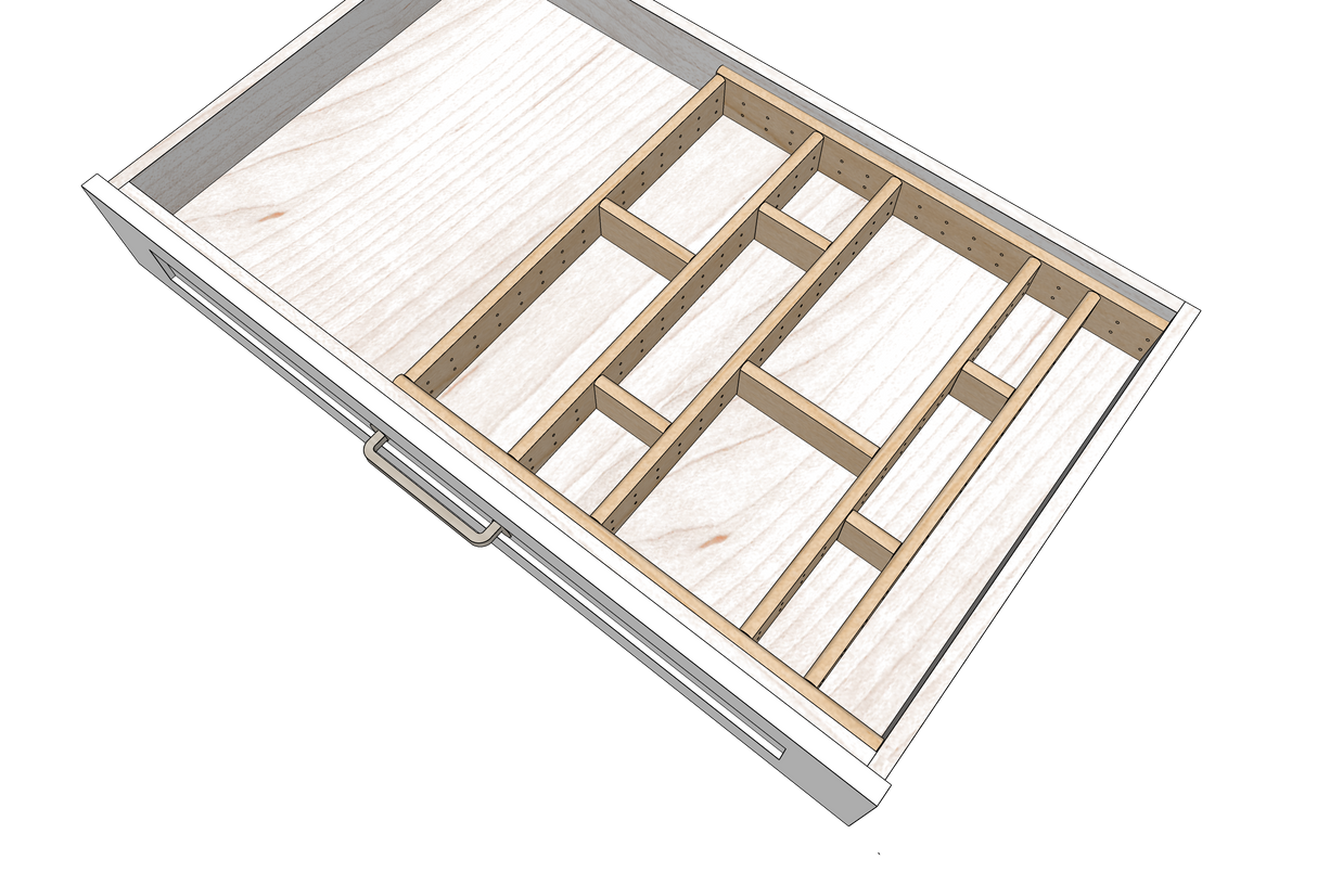 Solid wood Flex Grid divider installed in a drawer showing how the one-side open edge sits flush against the box.