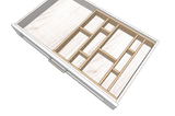 Solid wood Flex Grid divider installed in a drawer showing how the one-side open edge sits flush against the box.