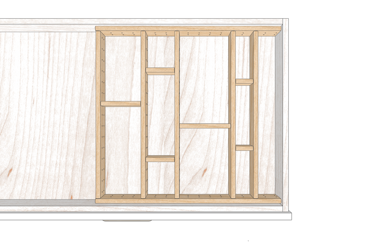 Top view of a solid wood adjustable drawer divider system showing a sectional utility drawer layout.