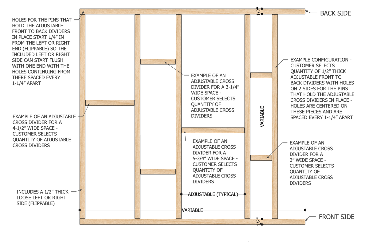 Technical diagram of adjustable wood drawer inserts showing measurements and custom configuration options.